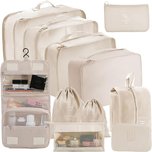 11 Set Packing Cubes for Travel Essentials, Suitcase Organizer Bags for Airplane Road Trip Camp - Beige