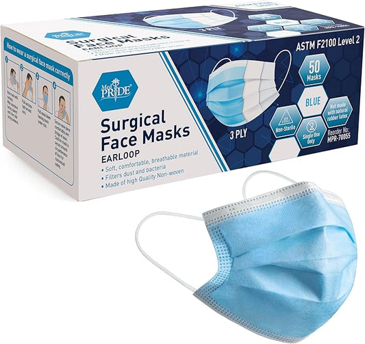 MED PRIDE Blue Medical Masks, Pack of 50 Face Masks, Disposable 3-Ply Earloop Masks, Breathable Non-Woven, Comfortable and...