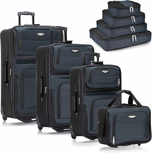 Travel Select Amsterdam Softside Expandable Luggage with Rolling Wheels, Navy, 8-Piece Set (15/21/25/29) with Packing Cubes