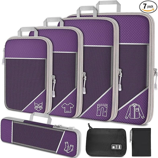 NiHome 7PCS Compression Packing Cube Set Expandable Mesh Travel Bag Luggage Organizers with Electronic Cable Cord Charger ...