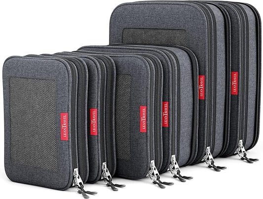 LeanTravel Compression Packing Cubes for Travel Organizers with Double Zipper (6-Pack (2L+2M+2S), Black)