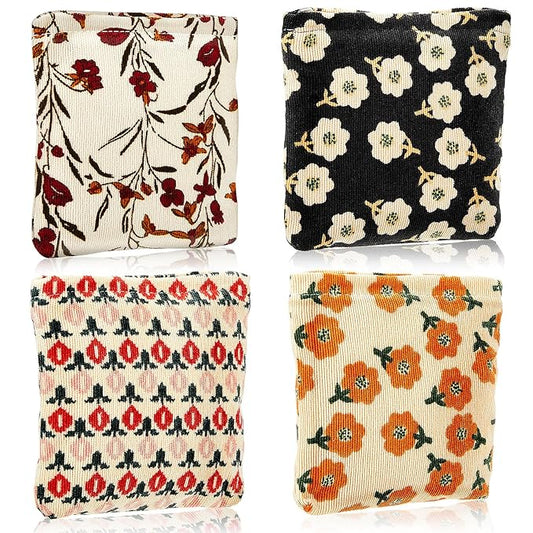 Abbylike 4 Pcs Floral Makeup Bag Corduroy Cosmetic Bag with Zipper Portable Small Pouches for Purse Toiletry Mini Pouch Cu...