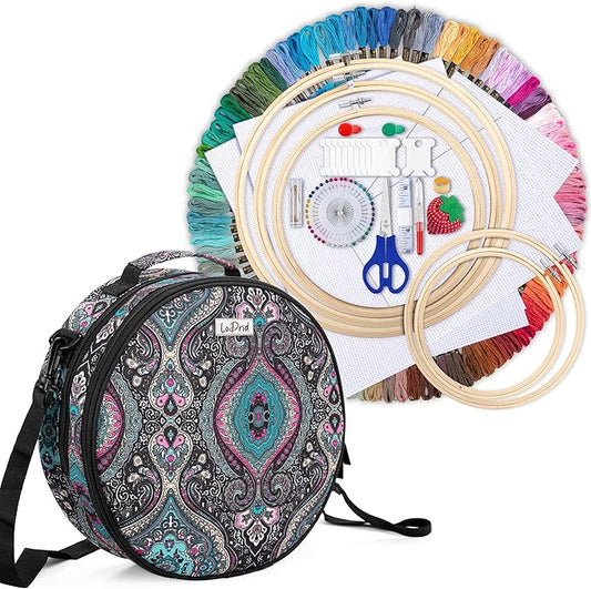LoDrid Embroidery Kit, Double-Layer Round Storage Bag with Complete Cross Stitch Tools Kit, Embroidery Starter Kits for Be...