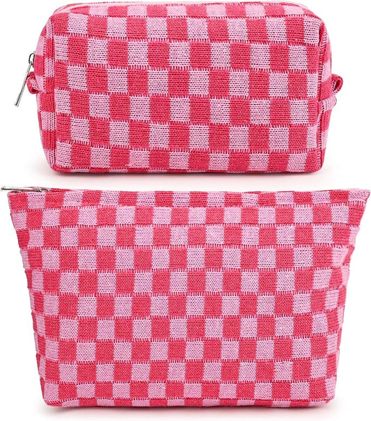 SOIDRAM 2 Pieces Makeup Bag Large Checkered Cosmetic Bag Capacity Canvas Mix Travel Toiletry Bag Organizer Cute Makeup Bru...