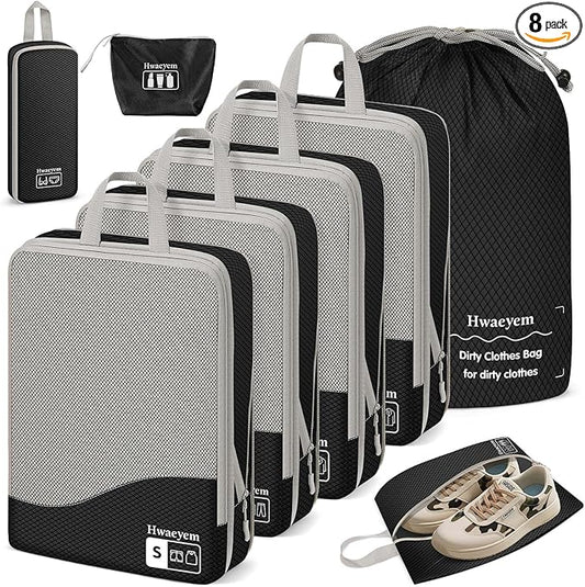 HWAEYEM Compression Packing Cubes 8 Set, Dual Zipper Compression Packing Cubes for Travel, See-Through Mesh Packing Bags f...