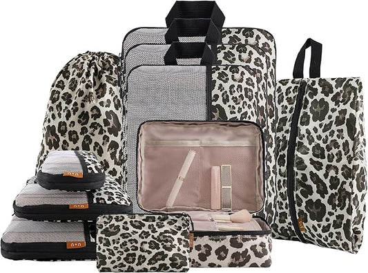 U+U 10 Set Compression Packing Cubes - Ultralight Leopard Travel Organizers with Laundry Bag, Space-Saving Suitcase Organi...