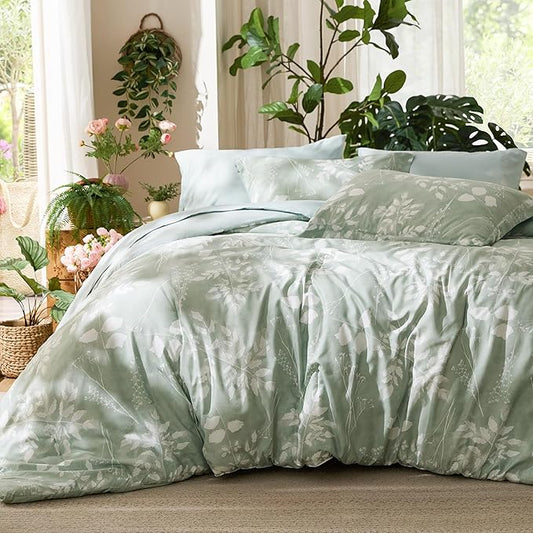 Bedsure Queen Comforter Set - 7 Pieces Floral Sage Green GentleSoft™ Bedding Sets, Queen Bed in a Bag with Botanical Flowe...