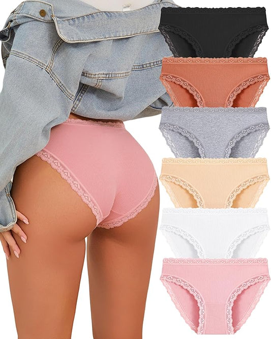 FINETOO Cotton Underwear for Women Sexy Cheeky Lace Bikini Panties Soft Breathable Womens Underwear 6 Pack