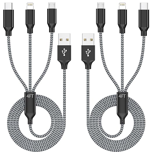 Multi Charging Cable 4ft 2Pack 3in1 Charger Cord, Multiple iPhone Charger Lightning Wire Nylon Braided MFi Certified Unive...