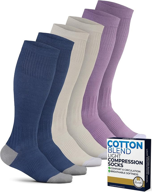 Pembrook Light Compression Socks for Women - 3 Pairs | 8-15 mmHg Cotton Compression Socks Women, Knee High Comfort & Support
