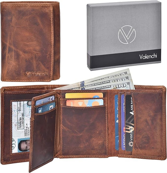 VALENCHI RFID Leather Slim Trifold Front Pocket Mens Wallet with 9 card slots,2 Note pocket coin pocket & ID window