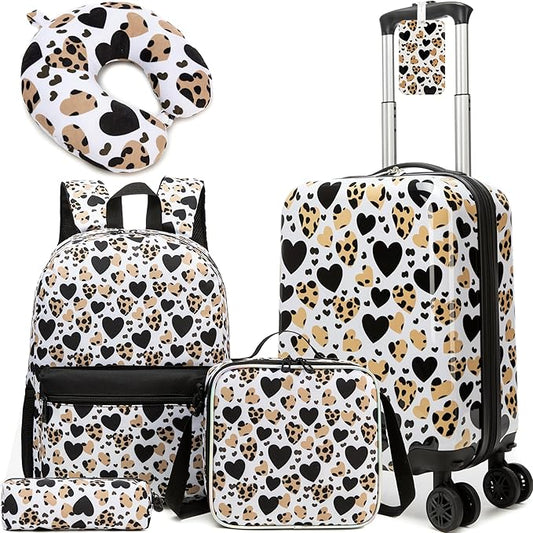 Inprof Kids Luggage with Spinner Wheels 5 Piece Carry on Suitcases for Girls 16" Toddler Suitcase Set Airline Approved (Pu...