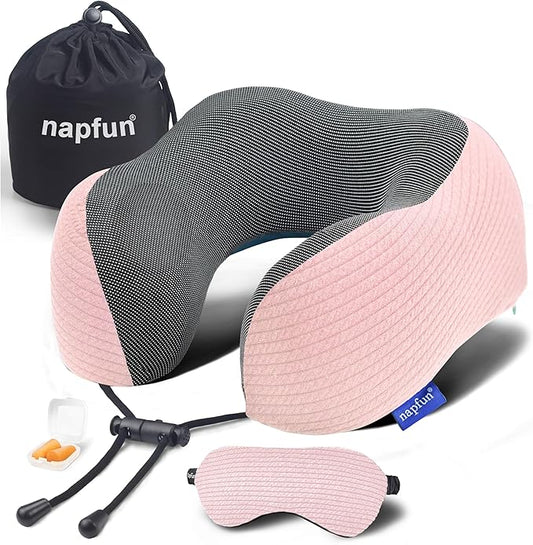 napfun Neck Pillow for Traveling, Upgraded Travel Neck Pillow for Airplane 100% Pure Memory Foam Travel Pillow for Flight ...