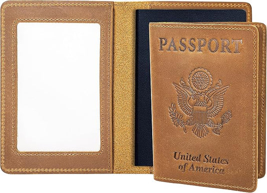 AGBIADD Genuine Leather Passport Holder with RFID Blocking, Slim Design, Brown Color, Unisex