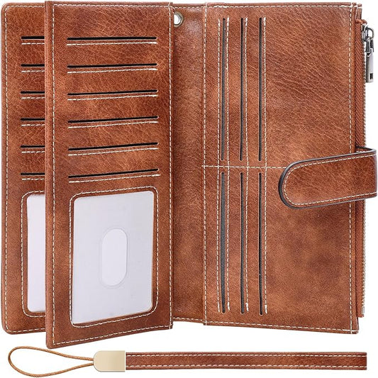 XINNSTAR Womens Wallet RFID Blocking Large Capacity Credit Card Holder Long Purses for Women with Wristlet Pocket ID Window