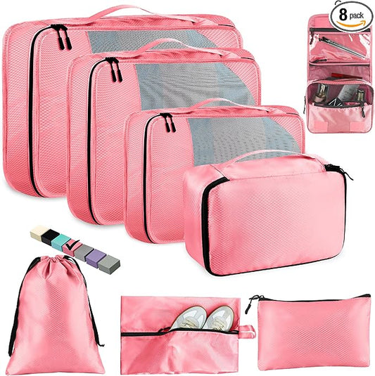 Toncoke Packing Cubes for Travel, 8-Piece Mesh Holographic Stripe Mesh Luggage Organizers with Shoe Bag, Toiletry Bag, Lau...