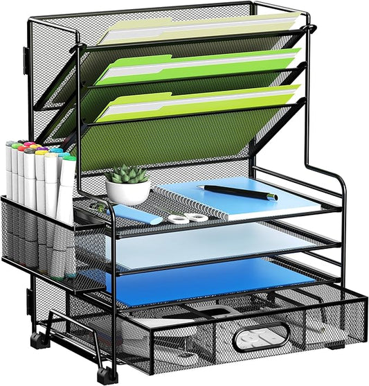 MINDEPOT 4-Tier Paper Organizer + 3-Pocket File Holder + Drawer + Pen Holders, Desktop File Organizers Paper Tray for Offi...
