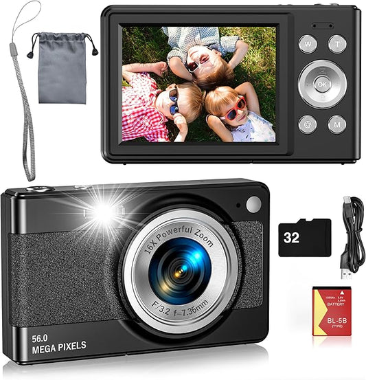 Digital Camera for Kids, FHD 1080P 56MP Autofocus Point and Shoot with 16X Zoom, 32GB TF Card, Battery, Flash, Face Detec...