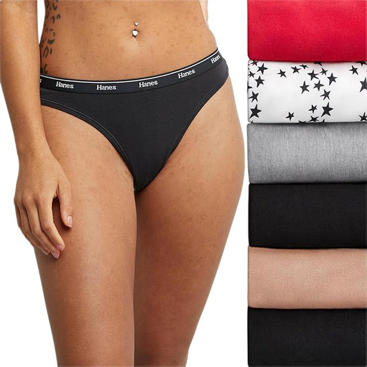 Hanes Women's Originals Thong Panties, Breathable Stretch Cotton Underwear, Assorted, 6-Pack