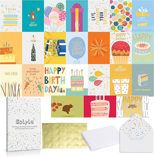 24 Pack Unique Gold Foil Birthday Cards with Envelopes & Stickers | 4x6 Inches Blank Happy Birthday Cards Assortment in Bu...