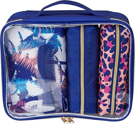 Conair 5 Piece Toiletry and Cosmetic Bag Set Under $30, Includes 4 Makeup Bags and 1 Travel Comb in Blue Palm Prints