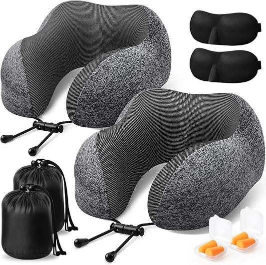 ExploreBliss Travel Pillow, 2 Pack Travel Pillows for Sleeping Airplane, Removable Cover Neck Pillow with Adjustable Clas...