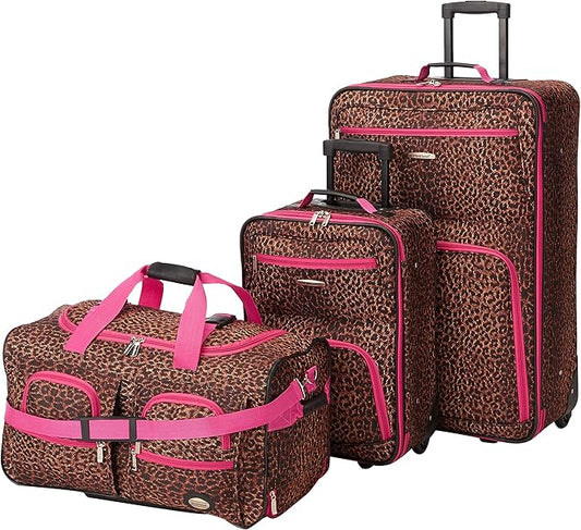 Rockland Vara Softside 3-Piece Upright Luggage Set, Pink Leopard, 3-Piece Set (20 inch/28 inch/22 inch duffel)